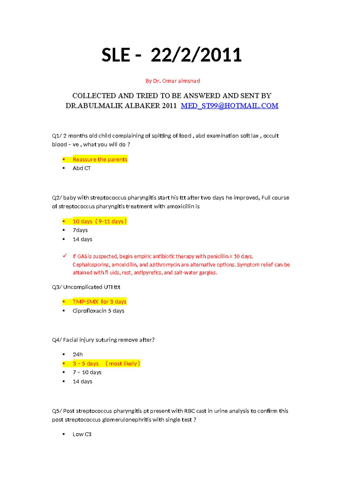 SLE 2011 -2 - SMLE: Collected Clinical Cases and Answers - Studocu