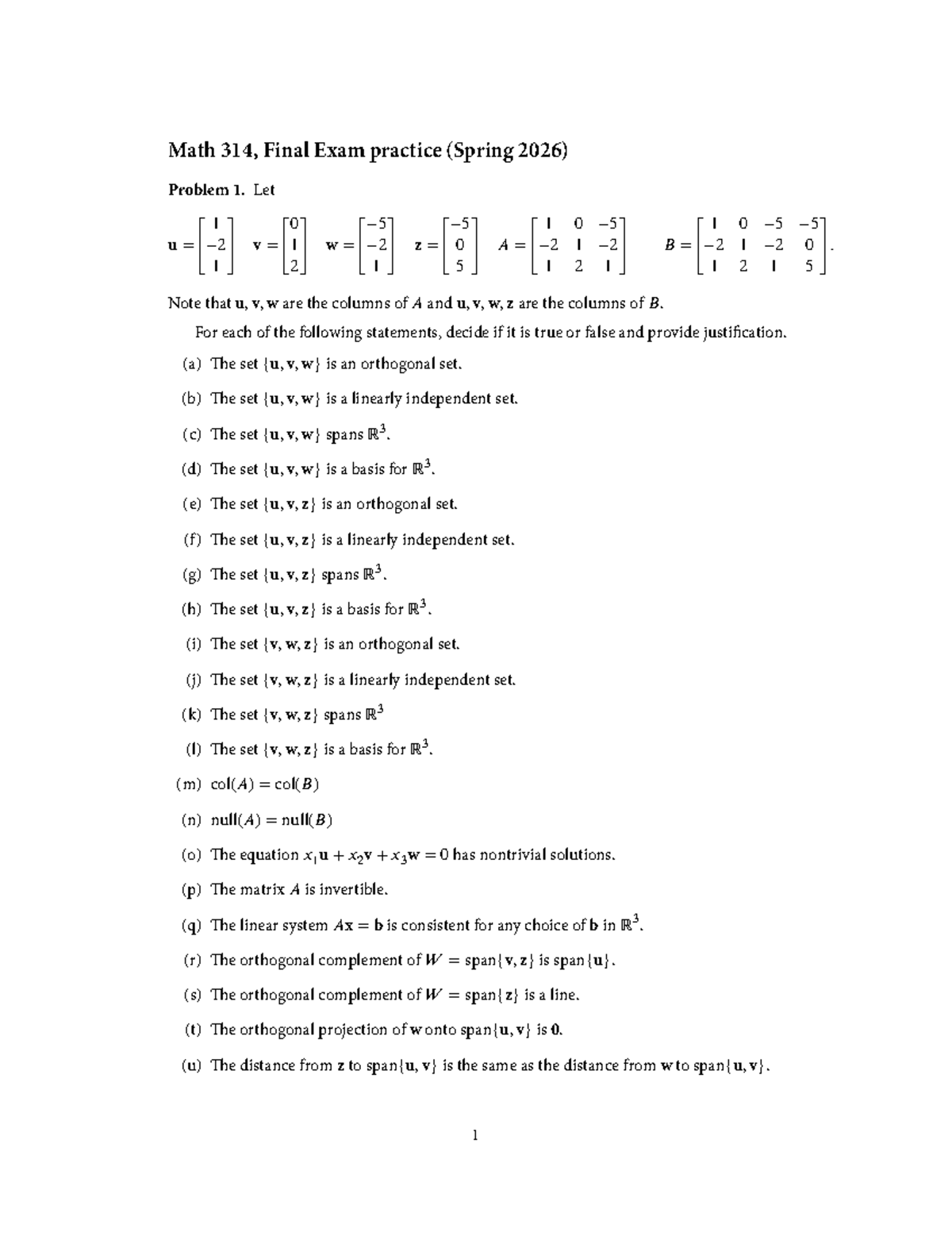 Math 314, Final Exam Practice Questions and Solutions (Spring 2026 ...