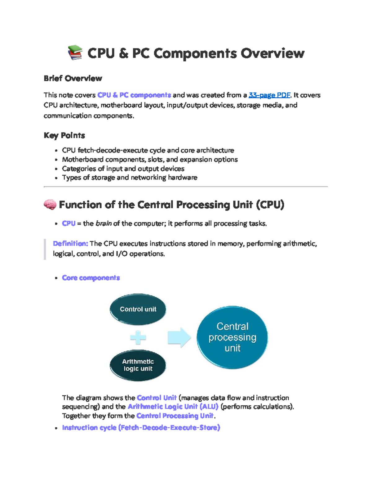 CPU & PC Components Overview - Lecture Notes - Studocu