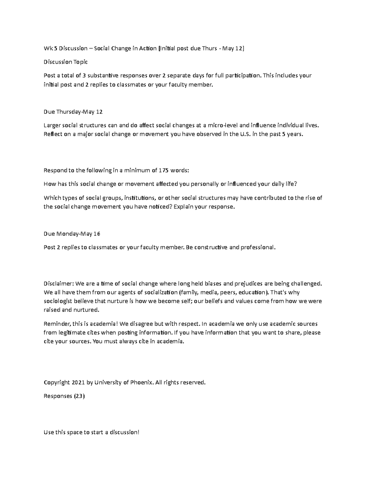 SOC 101 Week 5 Discussion Post: Social Change Reflections - Studocu
