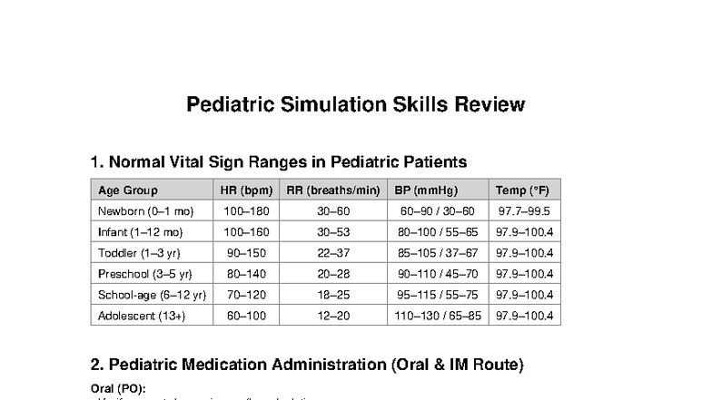 Pediatric Simulation Skills Review: Vital Signs & Med Admin - Studocu