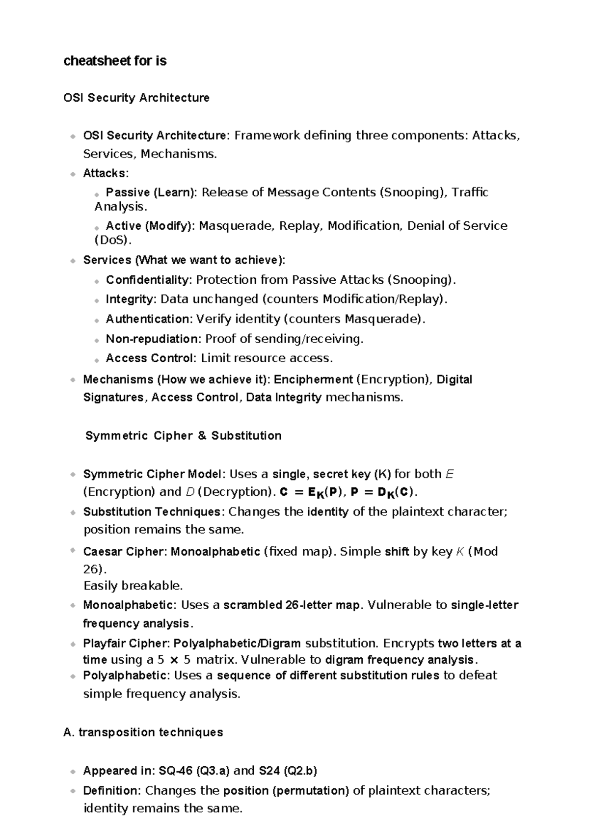 Cheat Sheet for IS OSI Security Architecture and Cryptography Concepts ...