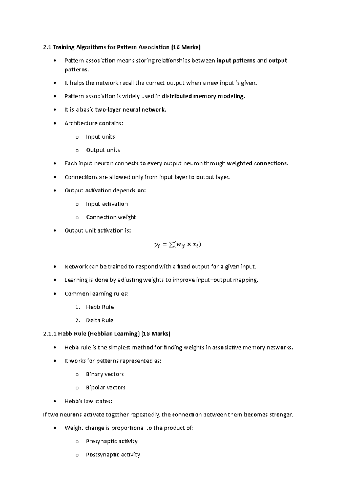 Nndl IA1 - Training Algorithms for Pattern Association (16 Marks) - Studocu