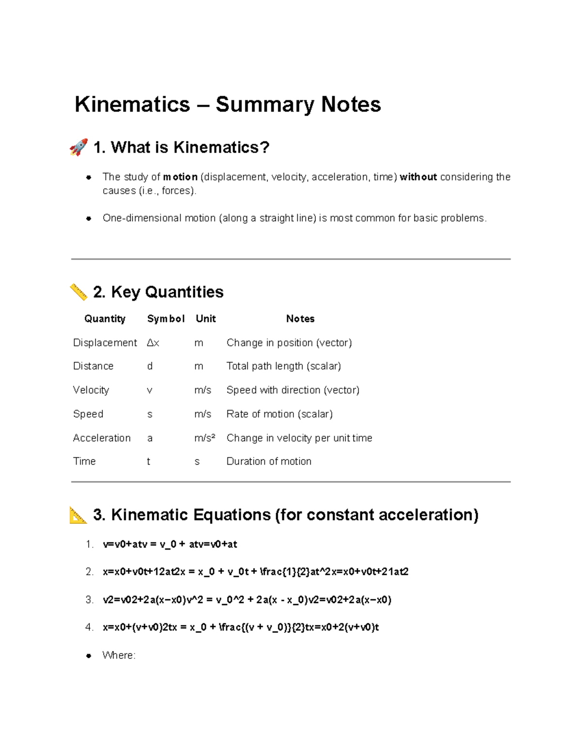 Kinematics Summary Notes: Key Concepts & Equations - Studocu
