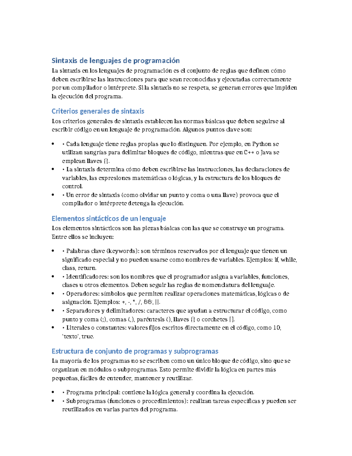 Sintaxis de Lenguajes de Programación: Reglas y Elementos Clave - Studocu