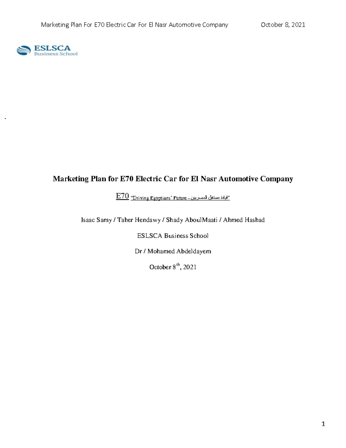 Marketing MGMT Project-Electric car - Marketing Plan for E70 Electric ...