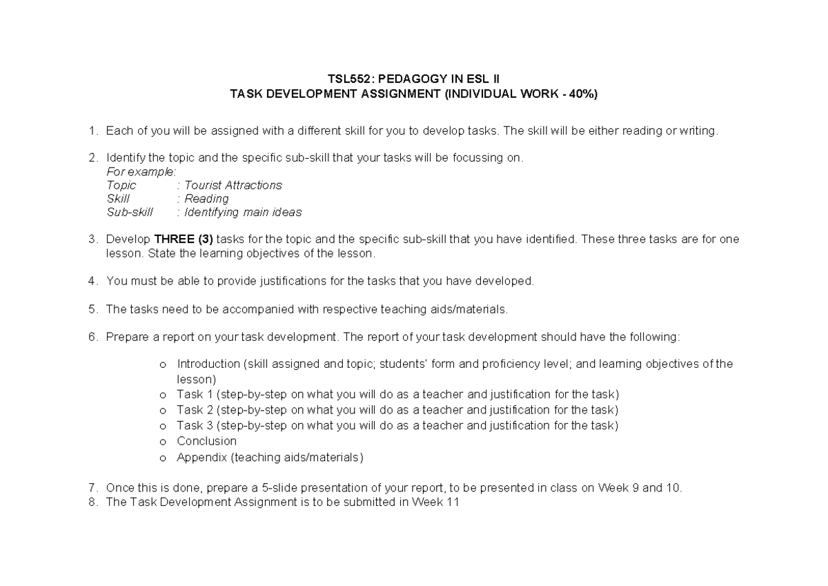 TSL552 Task Development Assignment & Rubric for ESL Pedagogy - Studocu