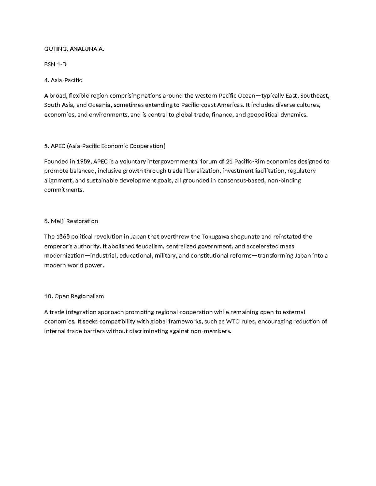 GUTING, ANALUNA A. BSN 4 - Exercise 6.0: APEC & Regional Dynamics - Studocu