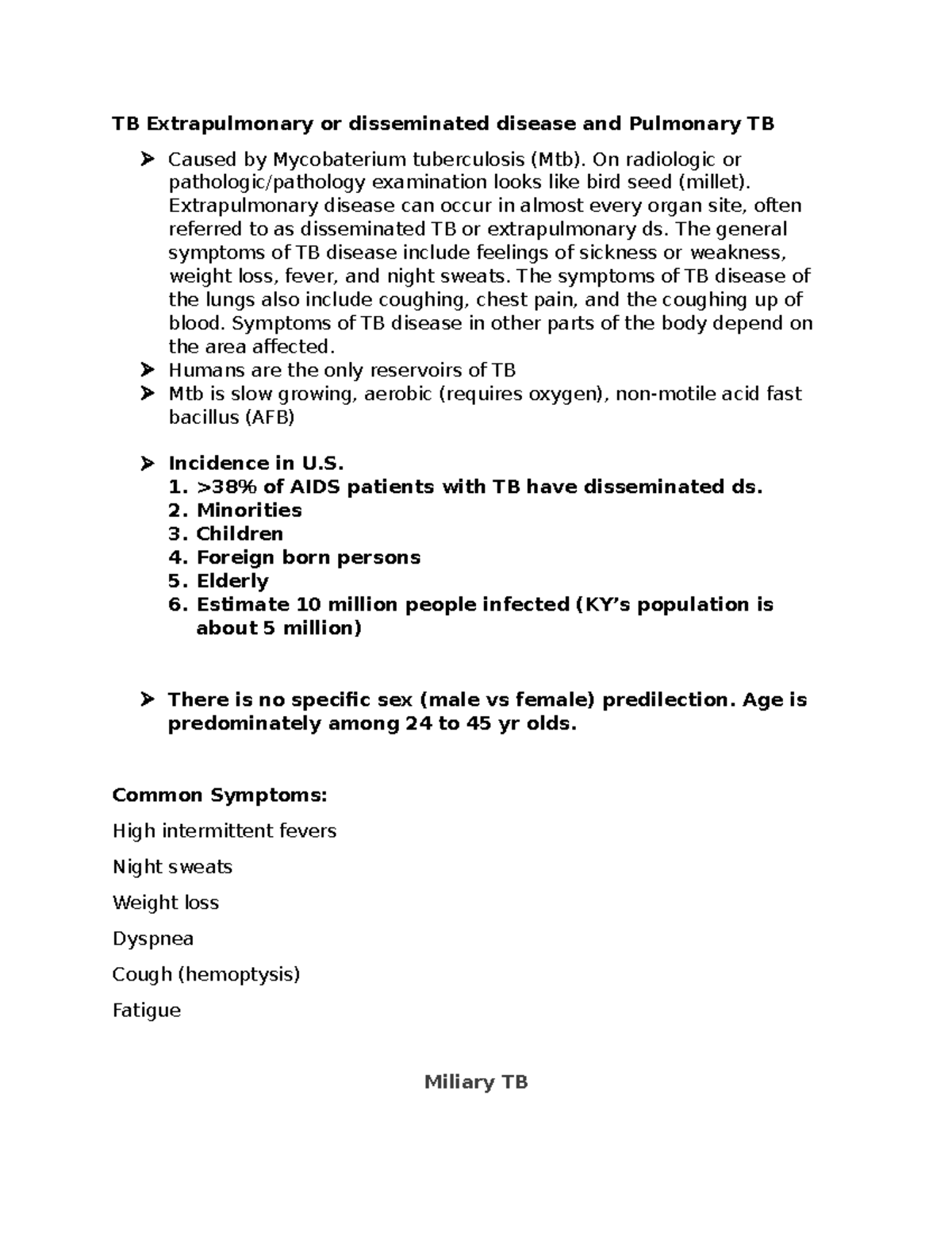 Lecture 1 Materials - TB Extrapulmonary or disseminated disease and ...