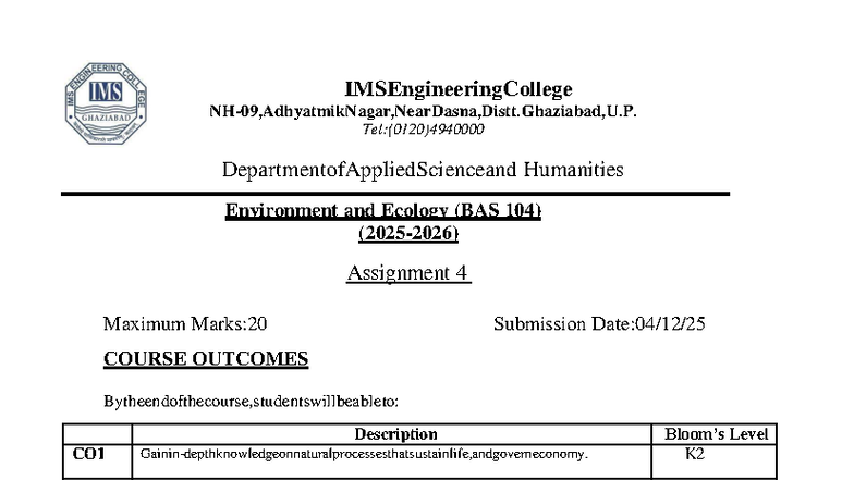 EVS Assignment 4 - Environment and Ecology (BAS 104) - Studocu