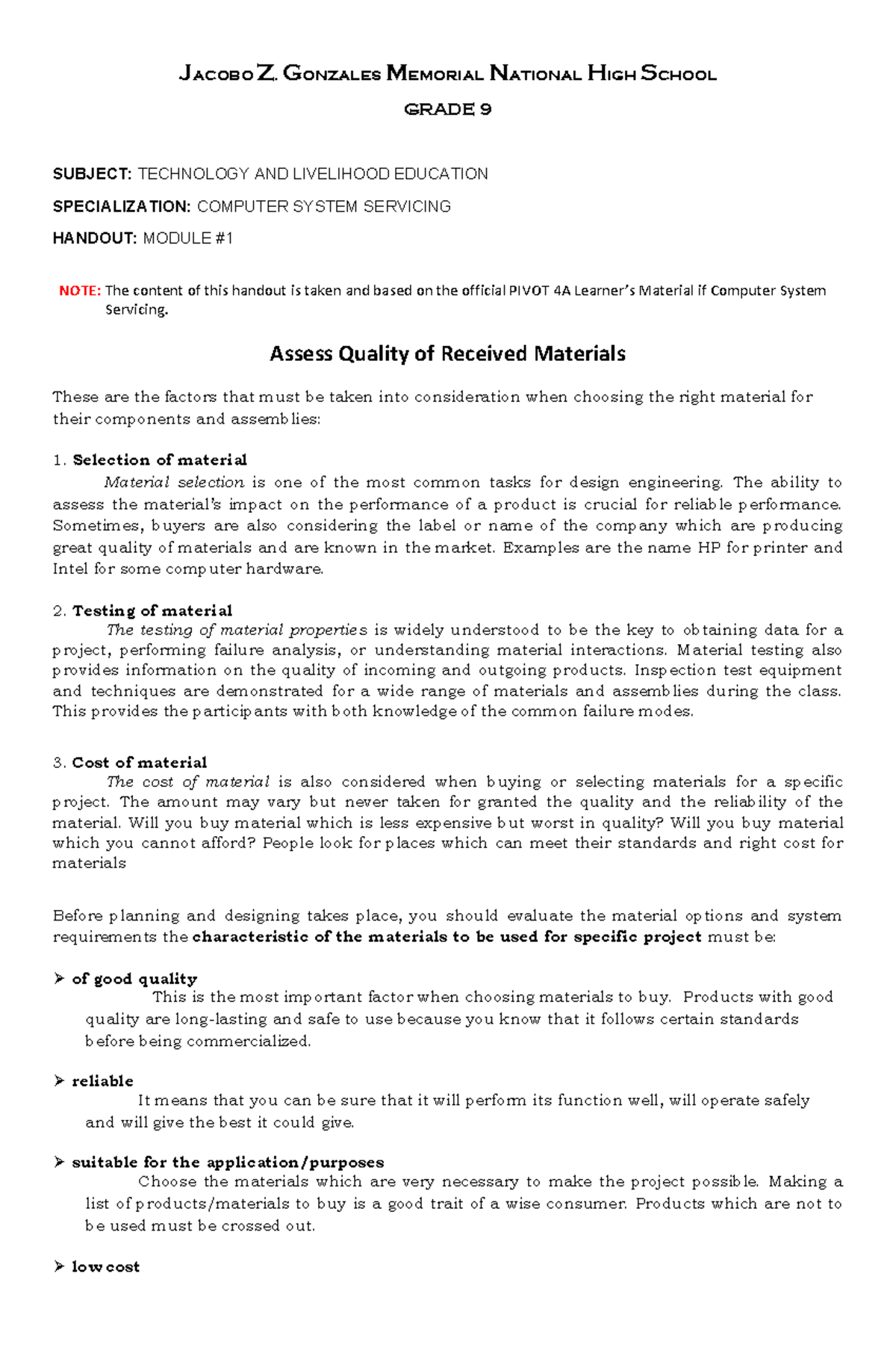 CSS9 Technology and Livelihood Education: Material Selection Handout ...