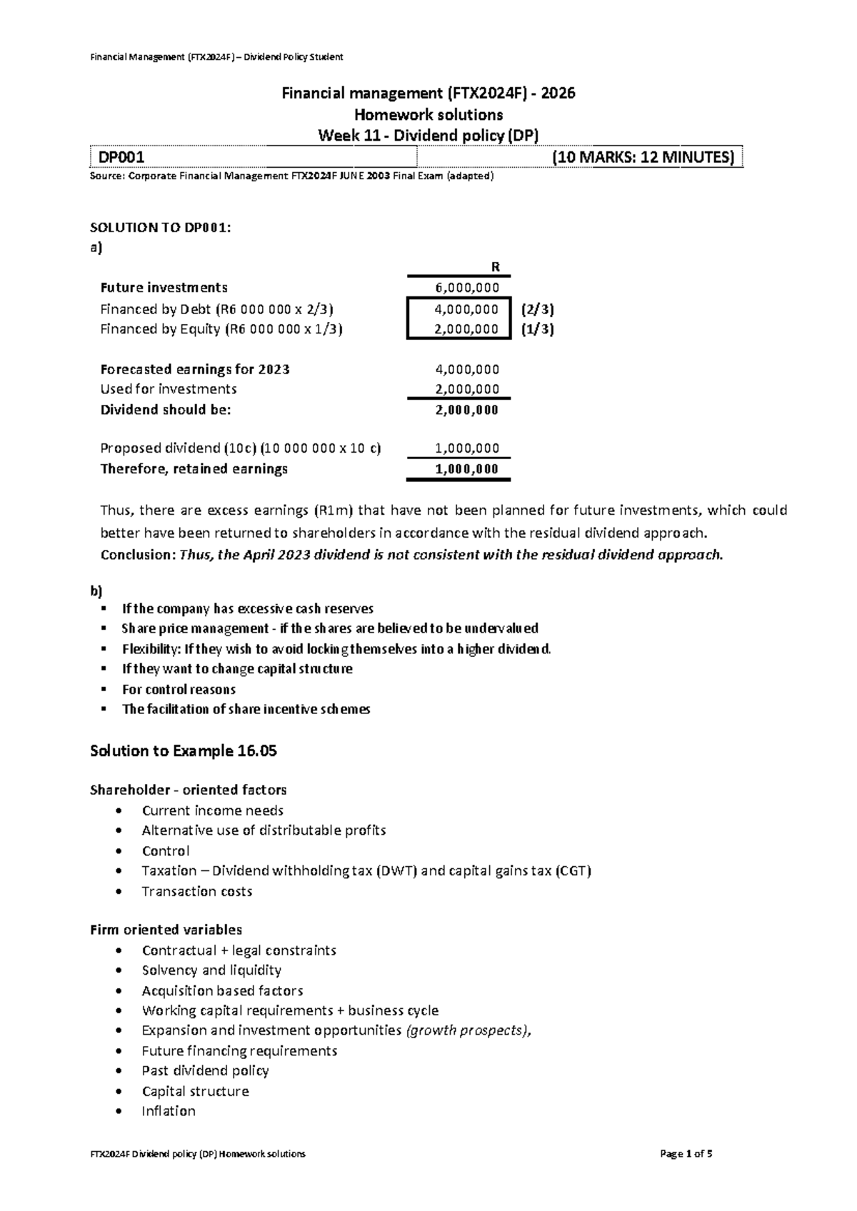 2026 FTX2024F Dividend Policy Homework Solutions and Analysis - Studocu