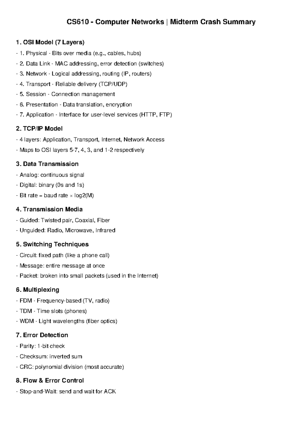 CS610 Computer Networks Midterm Crash Summary: Key Concepts & Layers ...