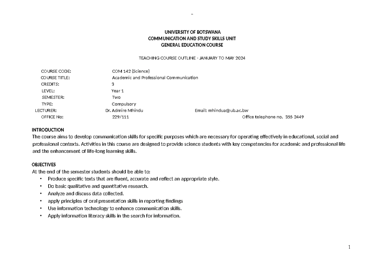 COM 142 Academic & Prof. Communication Course Outline Jan-May 2024 ...