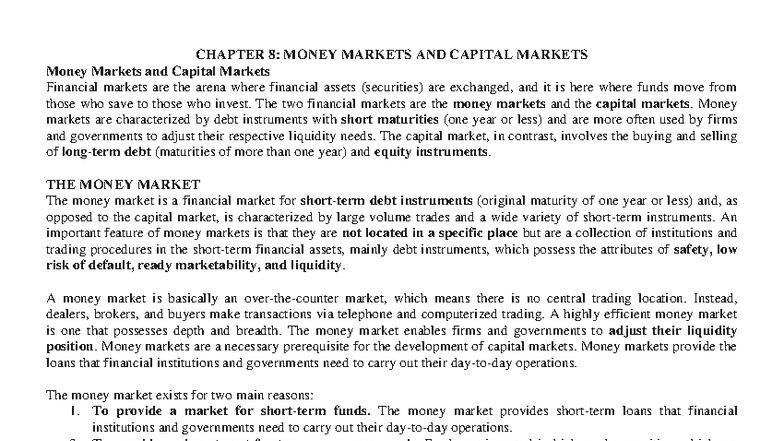 CHAPTER 8: MONEY MARKETS AND CAPITAL MARKETS (FIN 101) - Studocu