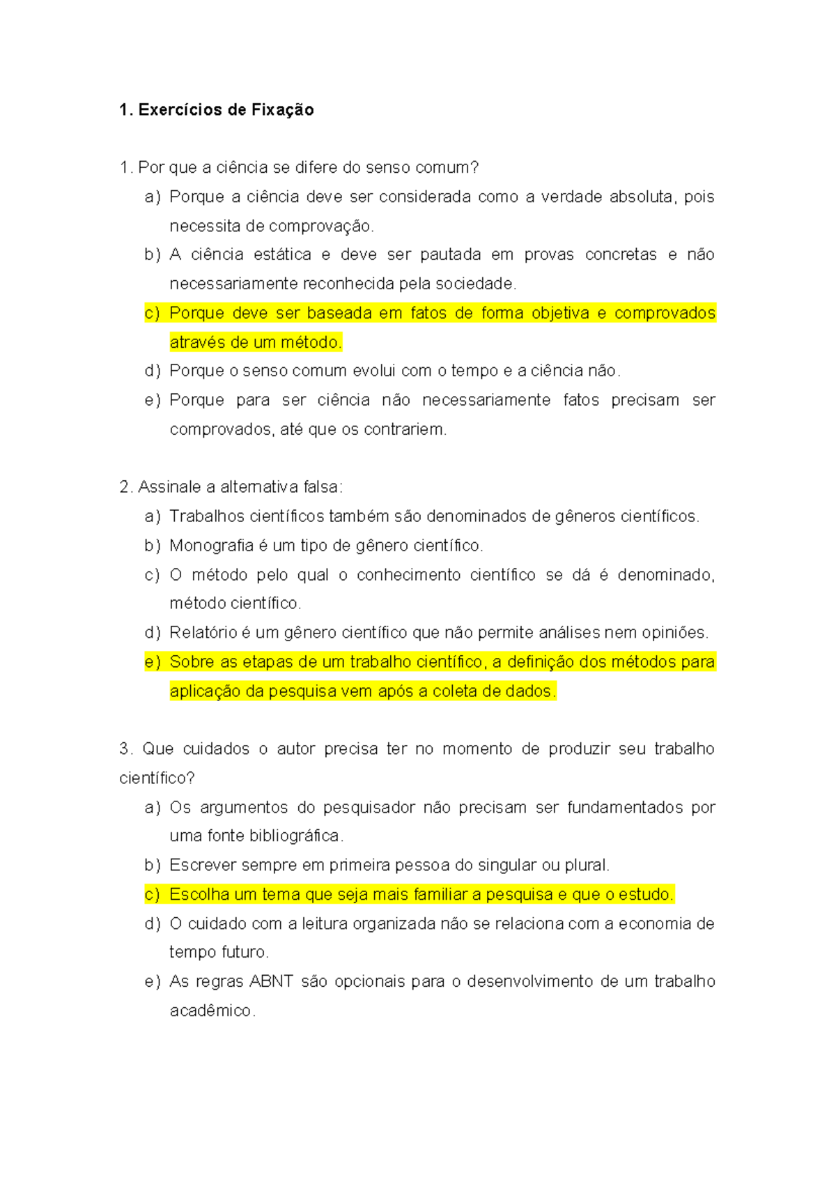 Exercícios de Fixação: Diferenças entre Ciência e Senso Comum - Studocu