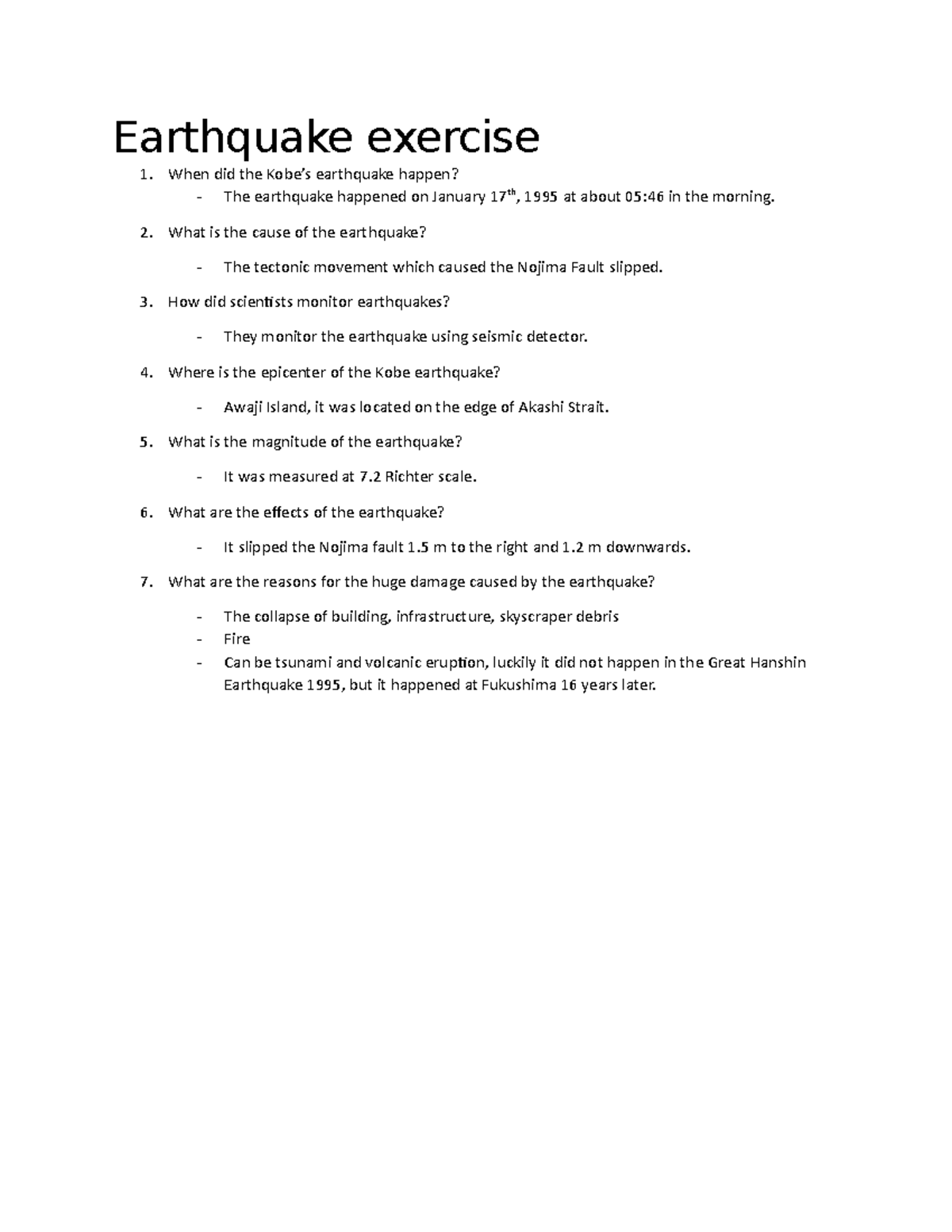 Earth Science FTU - Earthquake exercise When did the Kobe’s earthquake ...
