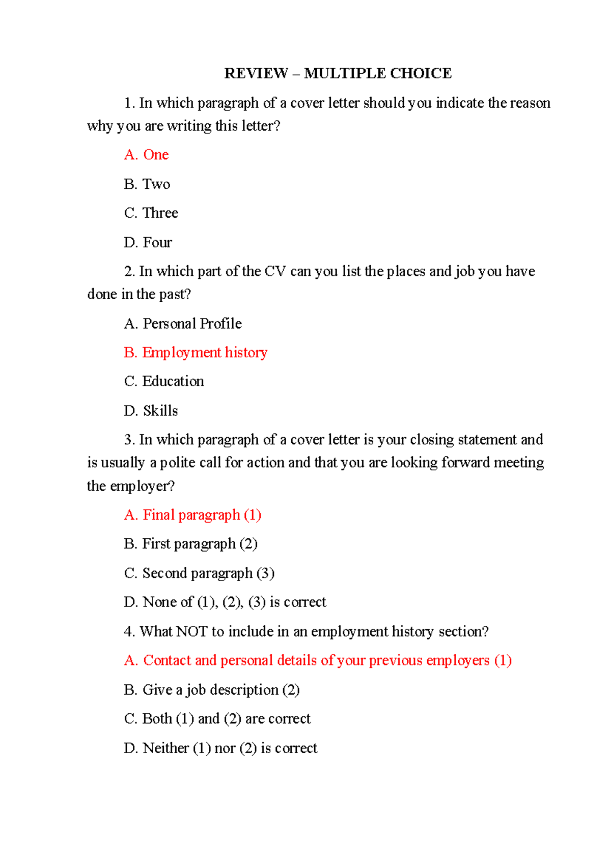 REVIEW MCQ for AVCN Final Exam: Cover Letter & CV Tips - Studocu