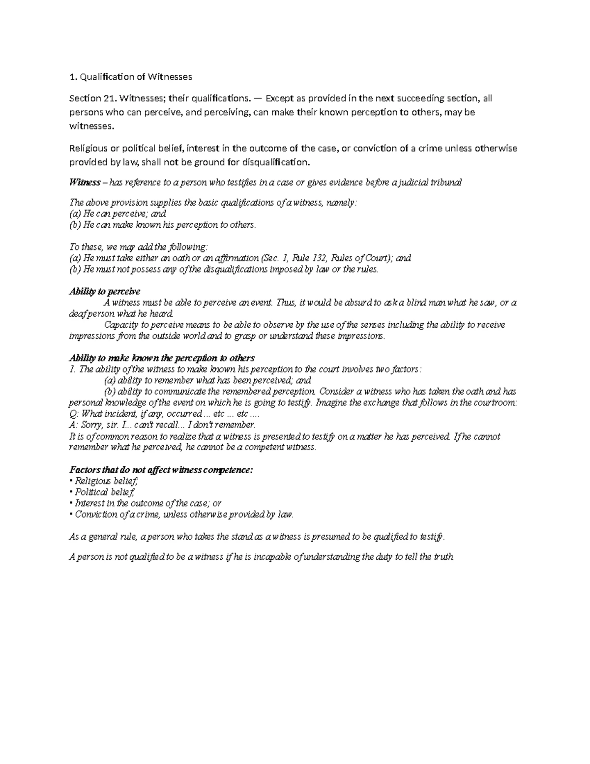 Evidence report script - 1. Qualification of Witnesses. Section 21 ...
