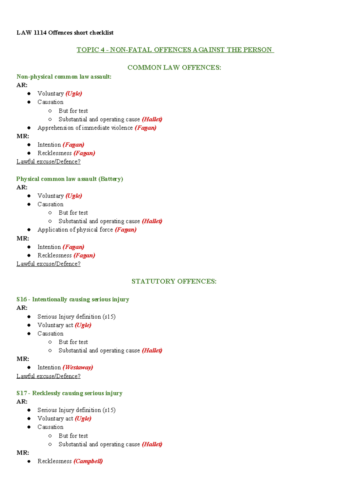 LAW 1114 Offences Checklist: Common Law & Statutory Offences - Studocu