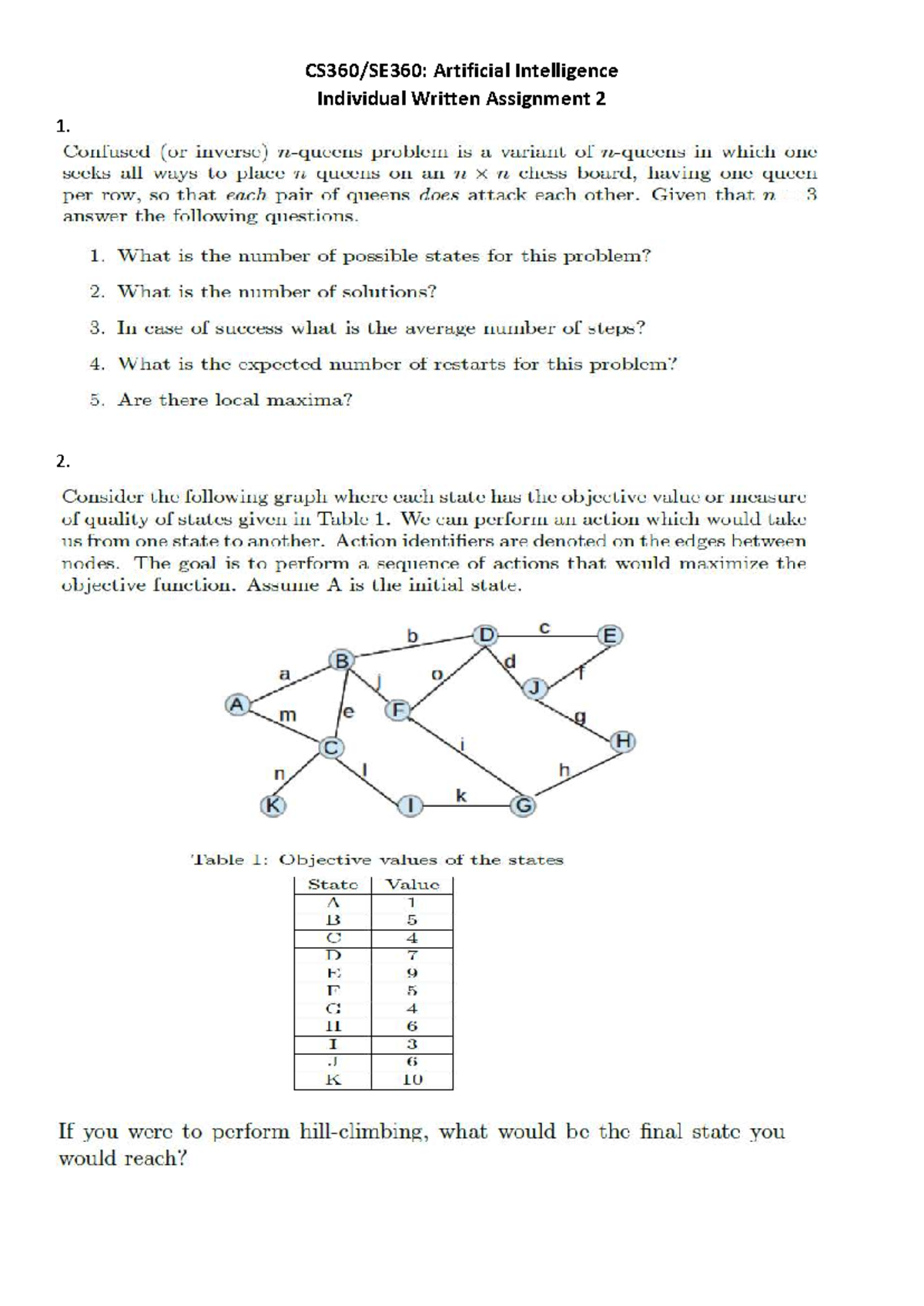 Assignment 2 (2025) - artificial intelligence - CS360/SE360: Artificial ...