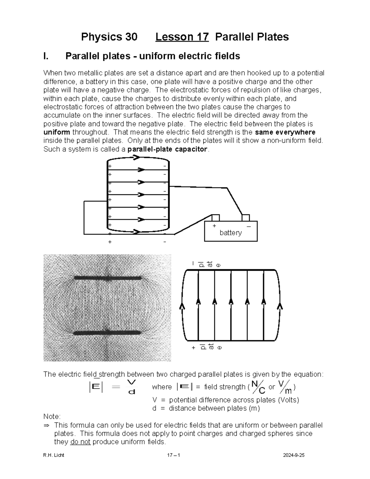 Physics 30 Lesson 17: Understanding Parallel Plates and Electric Fields ...