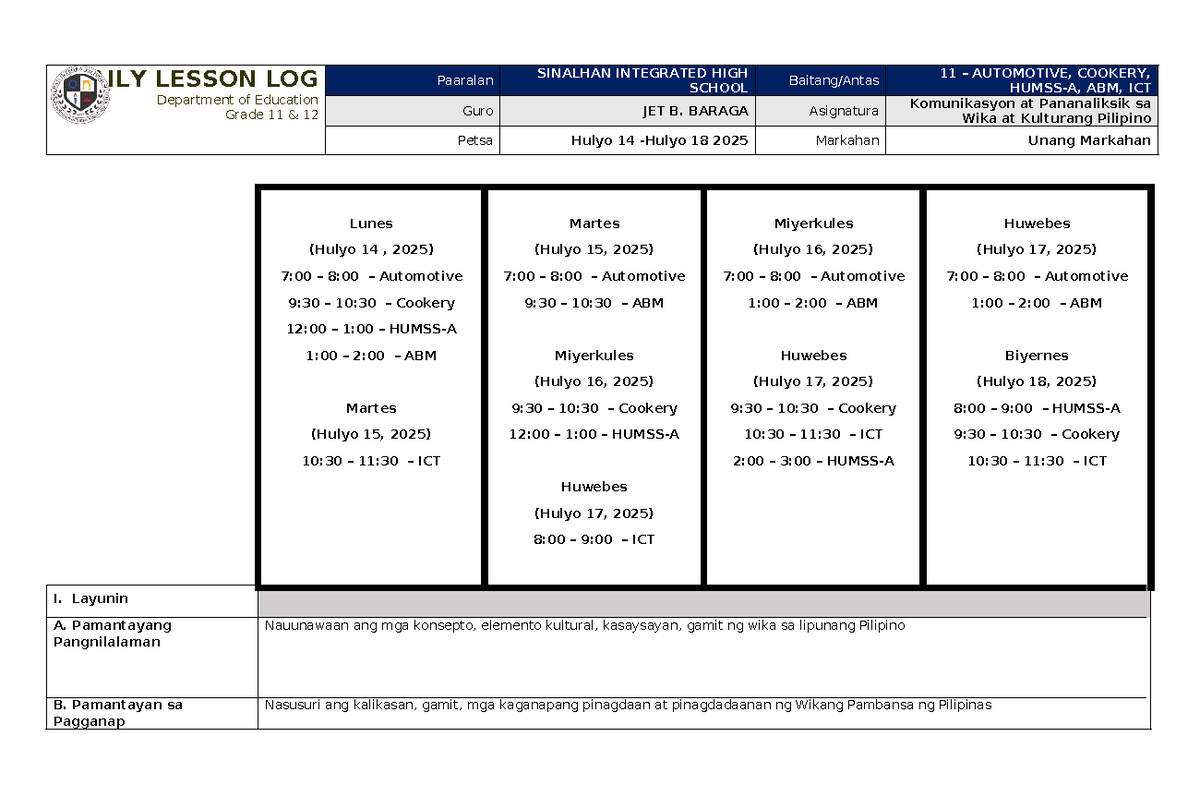 DLL Filipino 11 (Kom Pan) Q1W5: Hulyo 14-18, 2025 Lesson Plan - Studocu