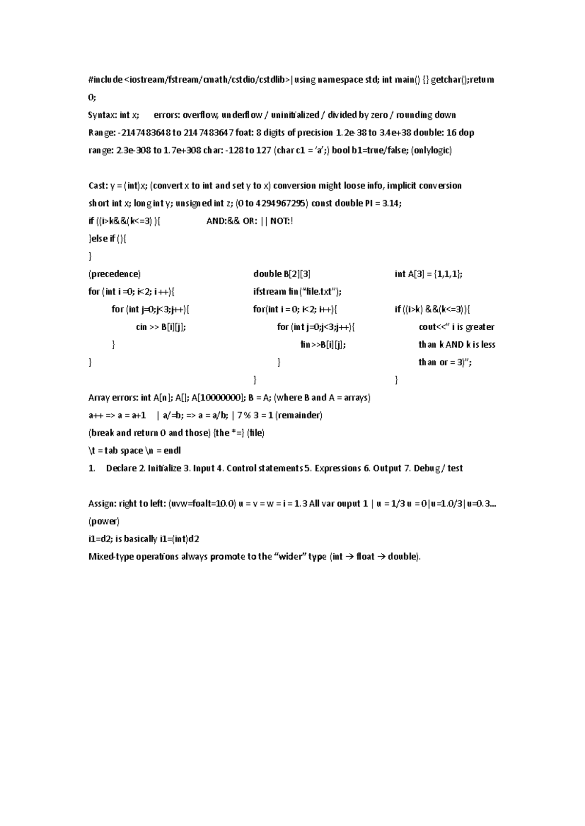 CSE101: Cheat Sheet on C++ Syntax and Error Handling - Studocu