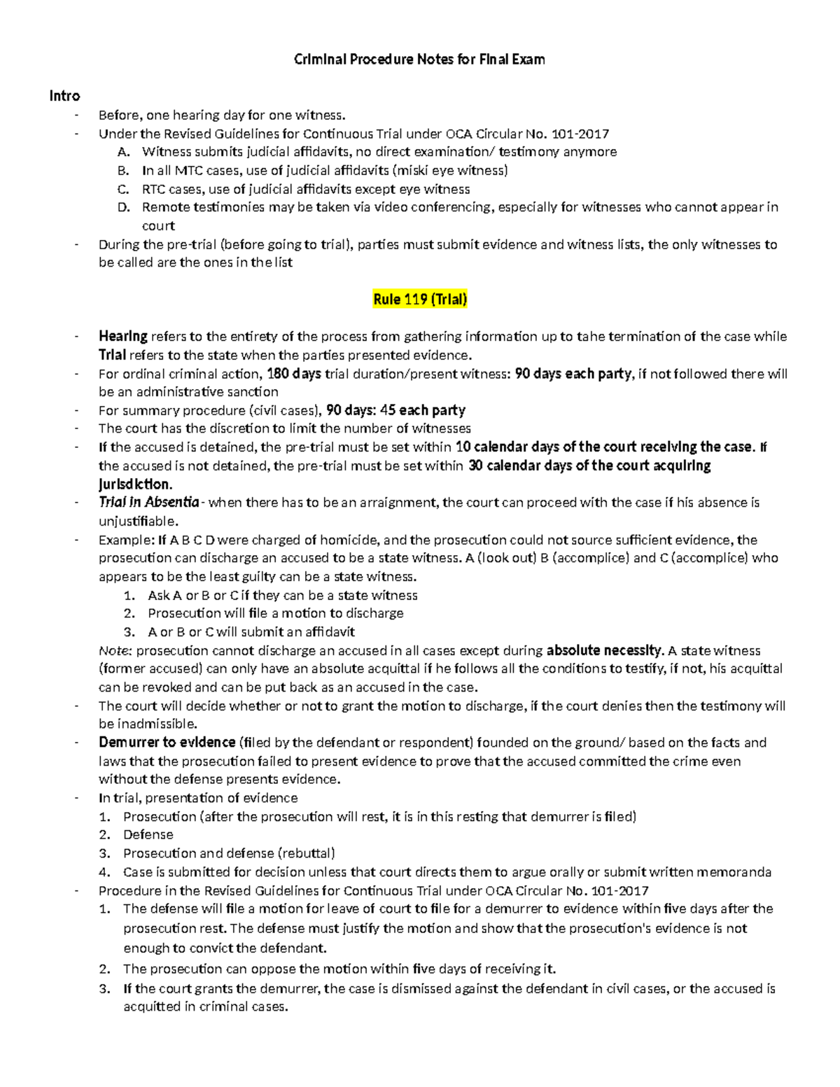 Criminal Procedure Final Exam Study Notes for Law 101 - Studocu
