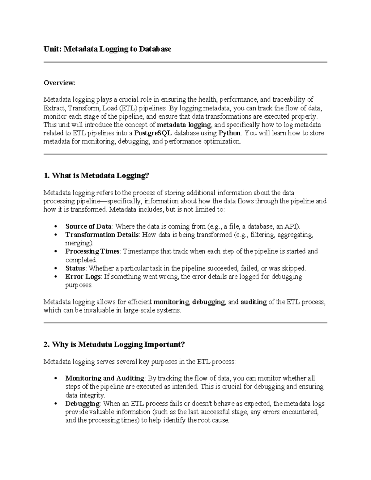 Unit: Metadata Logging to Database for ETL Pipelines Overview - Studocu