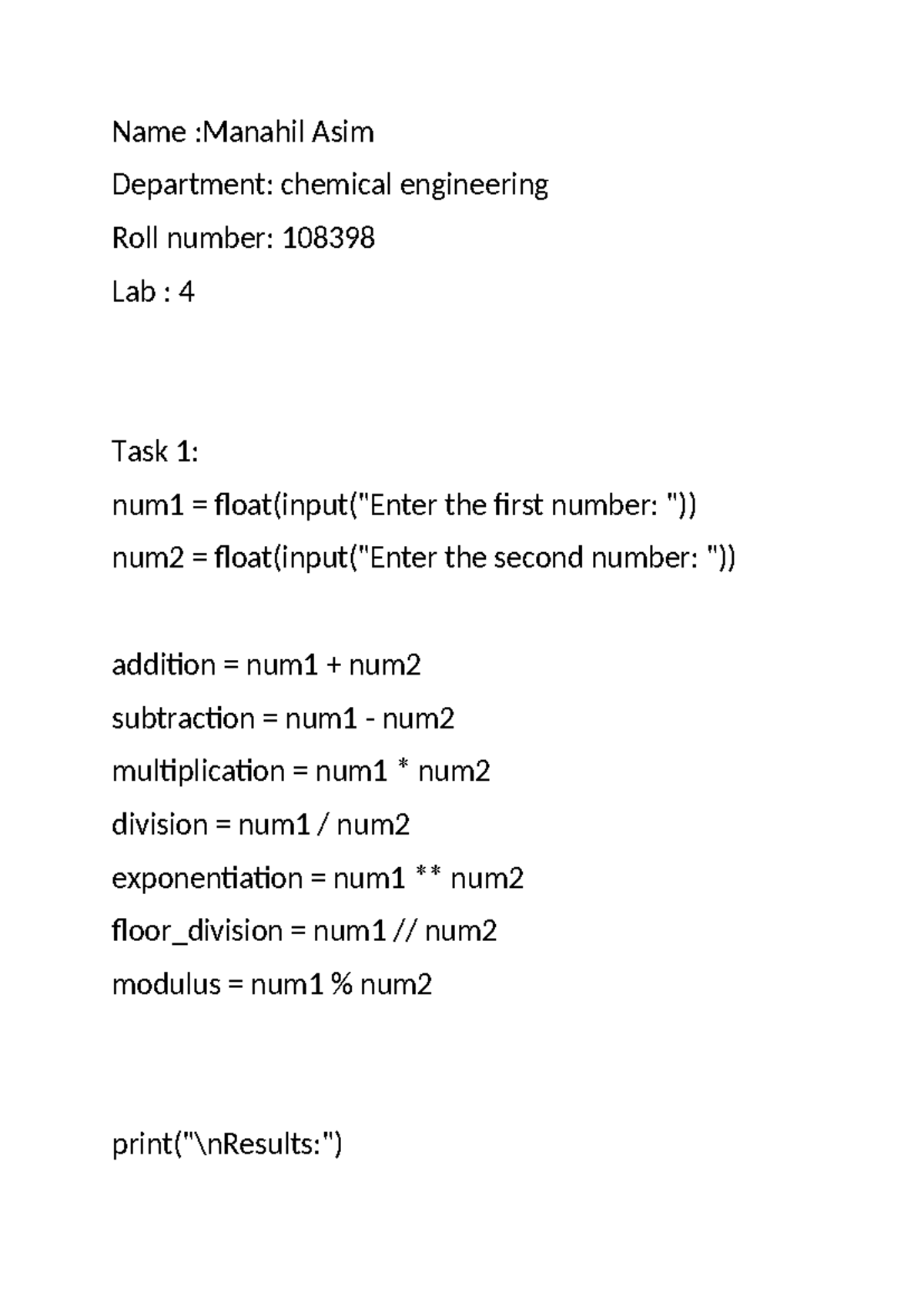 DCHE 108398 Lab 4: Python Programming Tasks and Solutions - Studocu