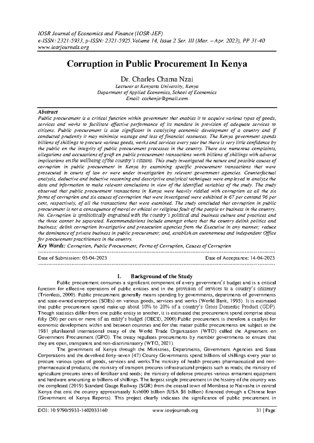 Corruption in Public Procurement in Kenya: An Analysis (IOSR Econ & Fin ...
