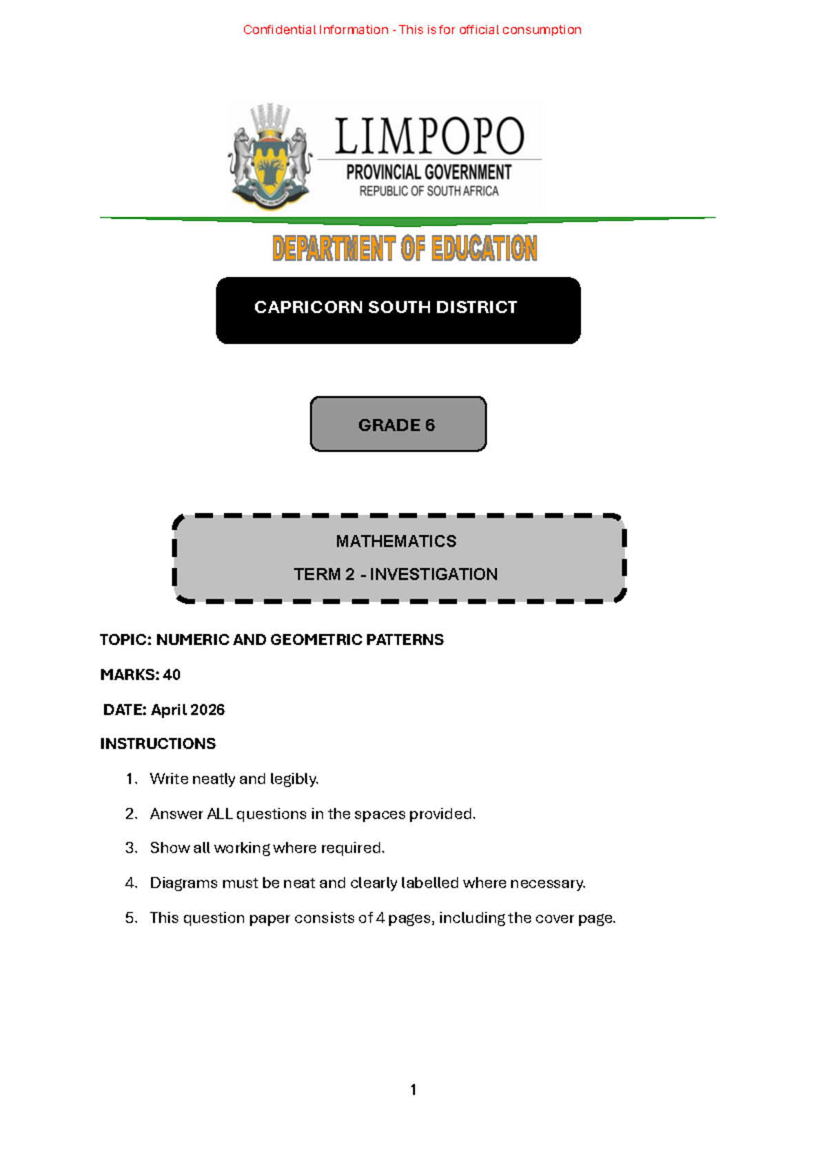 Grade 6 Mathematics Term 2 Investigation: Numeric & Geometric Patterns ...
