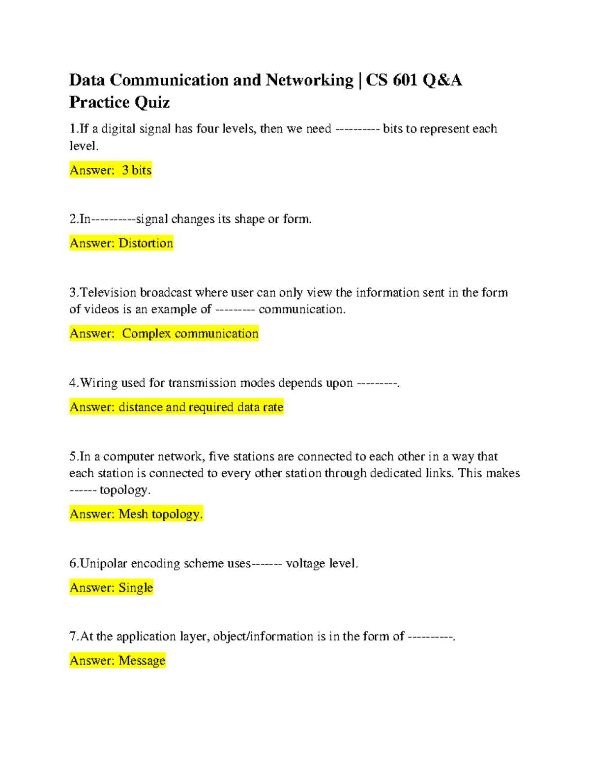 Data Communication and Networking CS 601 Q Practice Quiz - Studocu