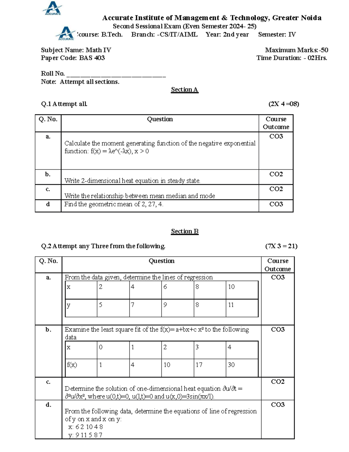 B.Tech Math IV BAS 403 Second Sessional Exam (Even Sem) - Studocu