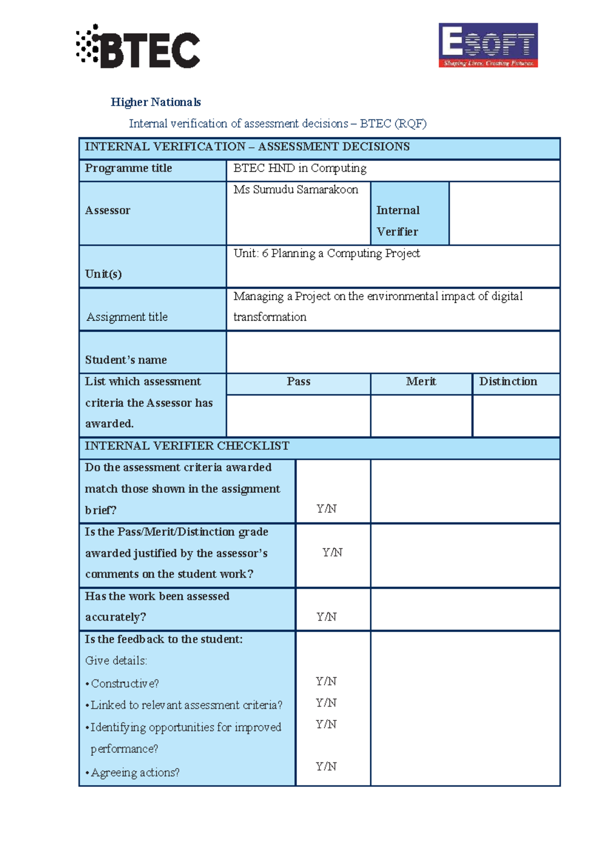 BTEC HND Computing Unit 6: Planning a Computing Project Assessment ...