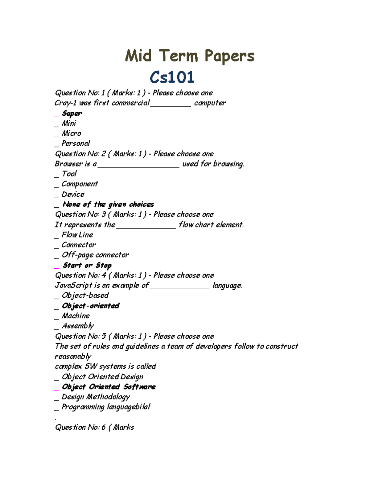 CS101 Midterm Exam: Solved Questions and Answers - Studocu