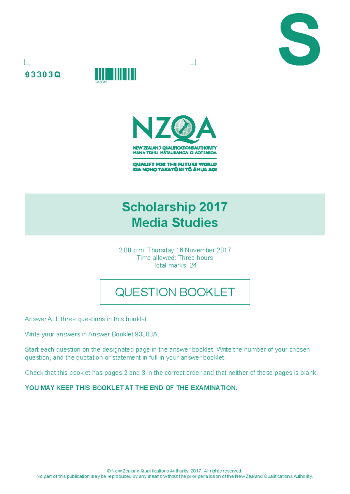 93303Q S 933032 Media Studies Scholarship Exam Questions 2017 - Studocu