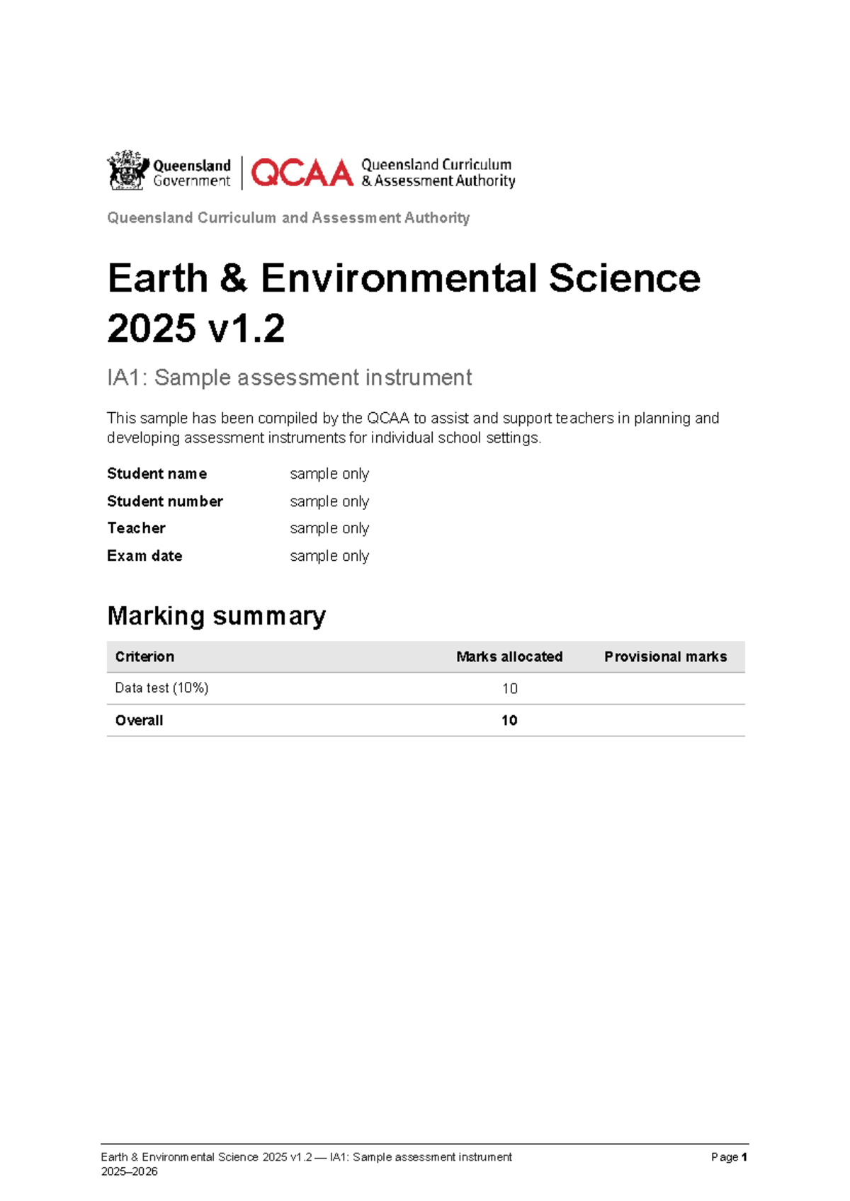 Earth Environmental Science 2025 v1.2 IA1: Data Test Sample Instrument ...