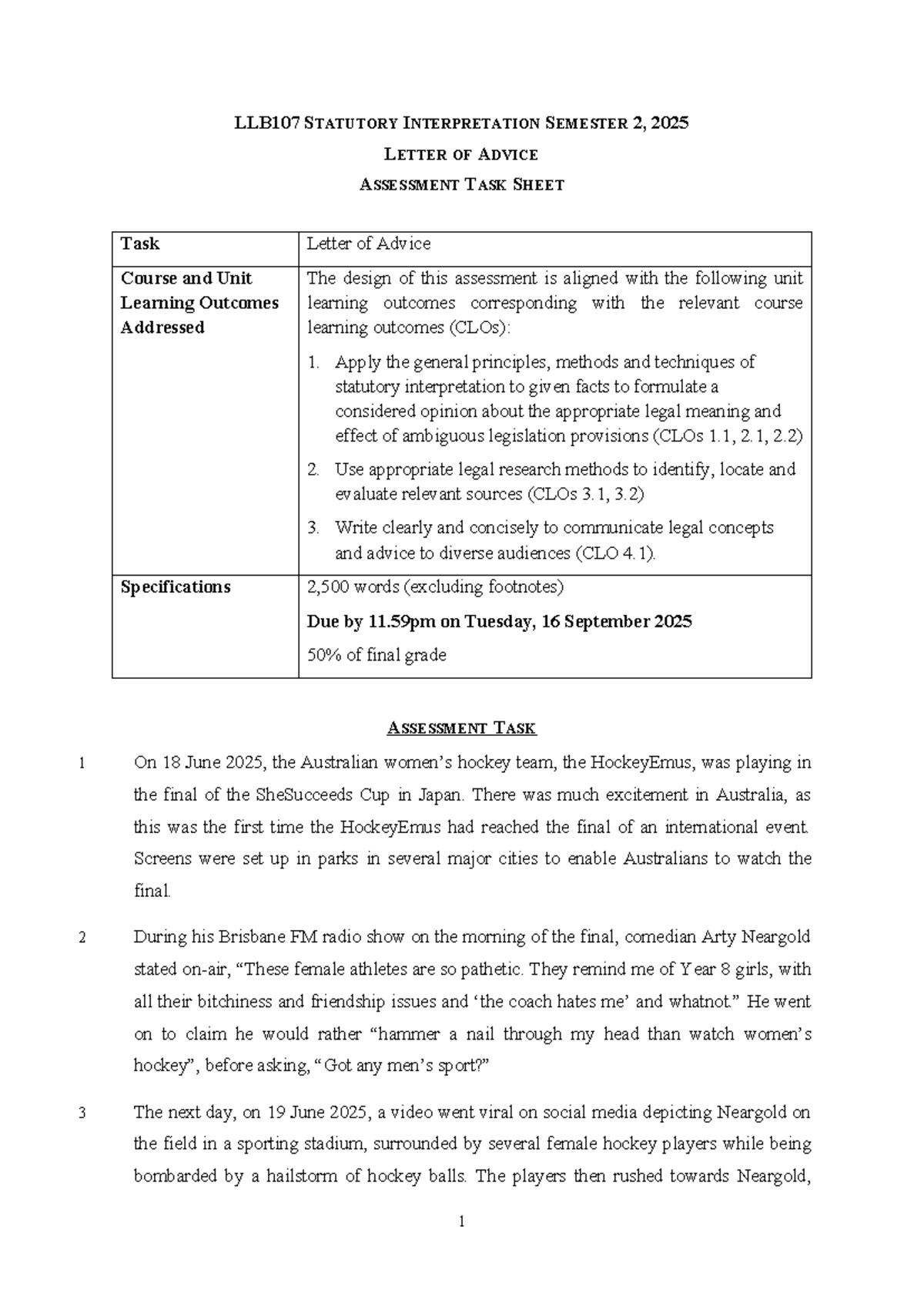 LLB107 Statutory Interpretation Semester 2, 2025 Letter of Advice Task ...
