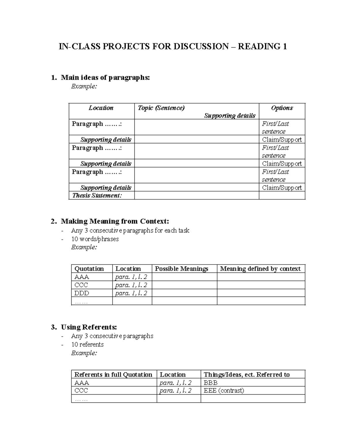 IN-CLASS PROJECTS - READING 1 DISCUSSION OUTLINE - Studocu