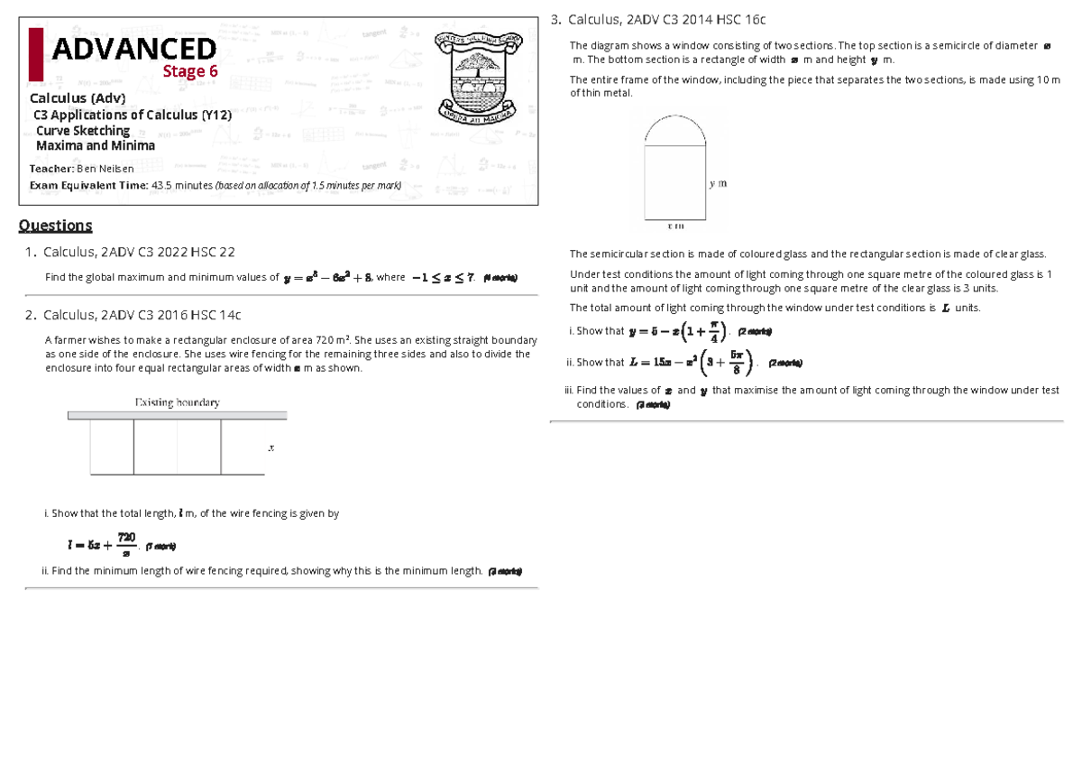 Optimisation Review for 12MAA Calculus 2ADV C3 - Studocu