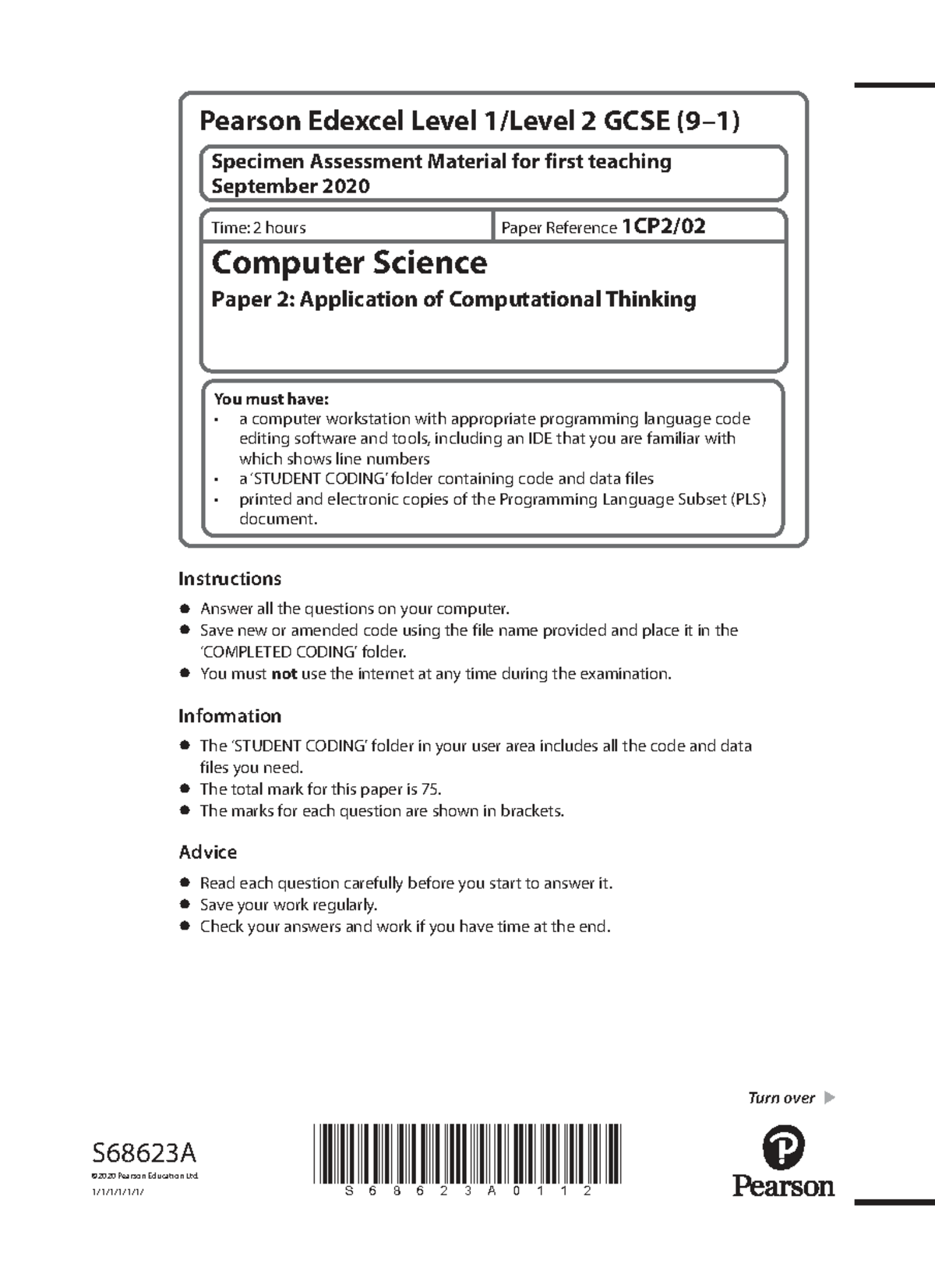 GCSE Computer Science 2020 Specimen Paper 2: Application of ...