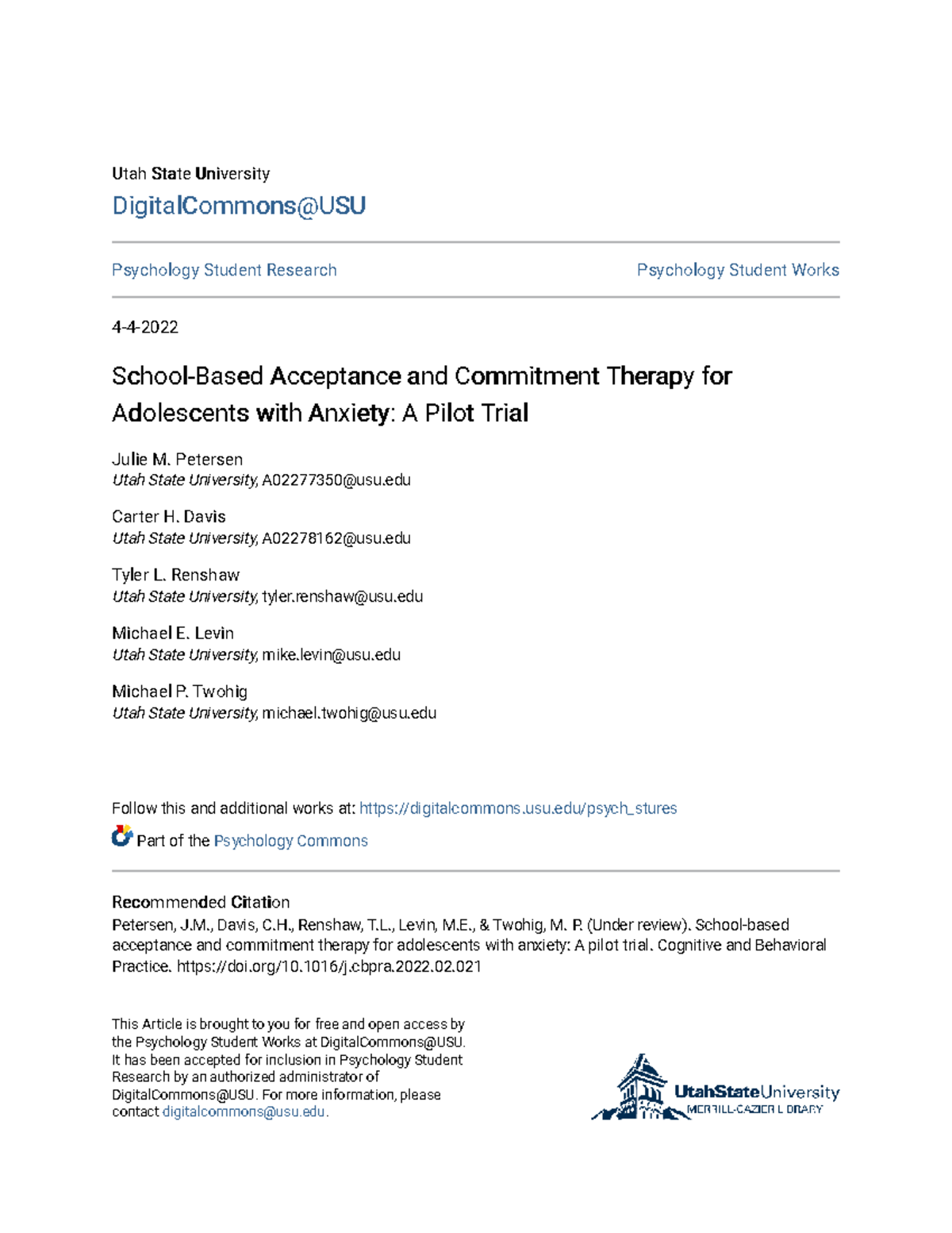 Acceptance and Commitment Therapy (PSY 4990) for Adolescents with ...