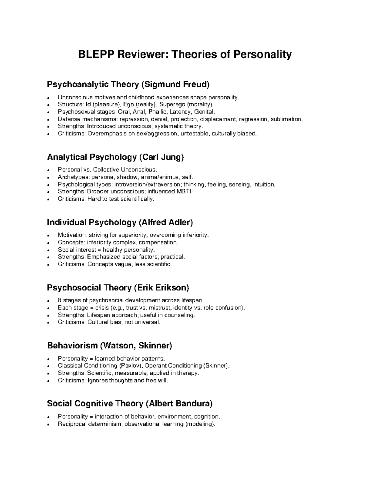 BLEPP Reviewer: Theories of Personality Overview and Key Concepts - Studocu