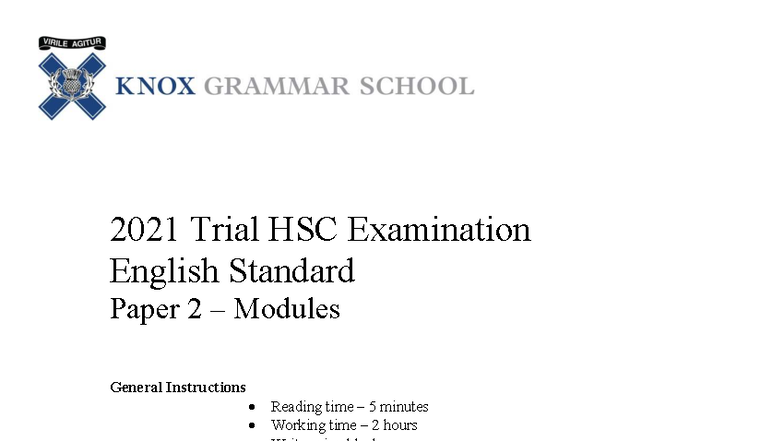 Knox 2021 English HSC Trial Paper 2 – Standard Exam Notes - Studocu