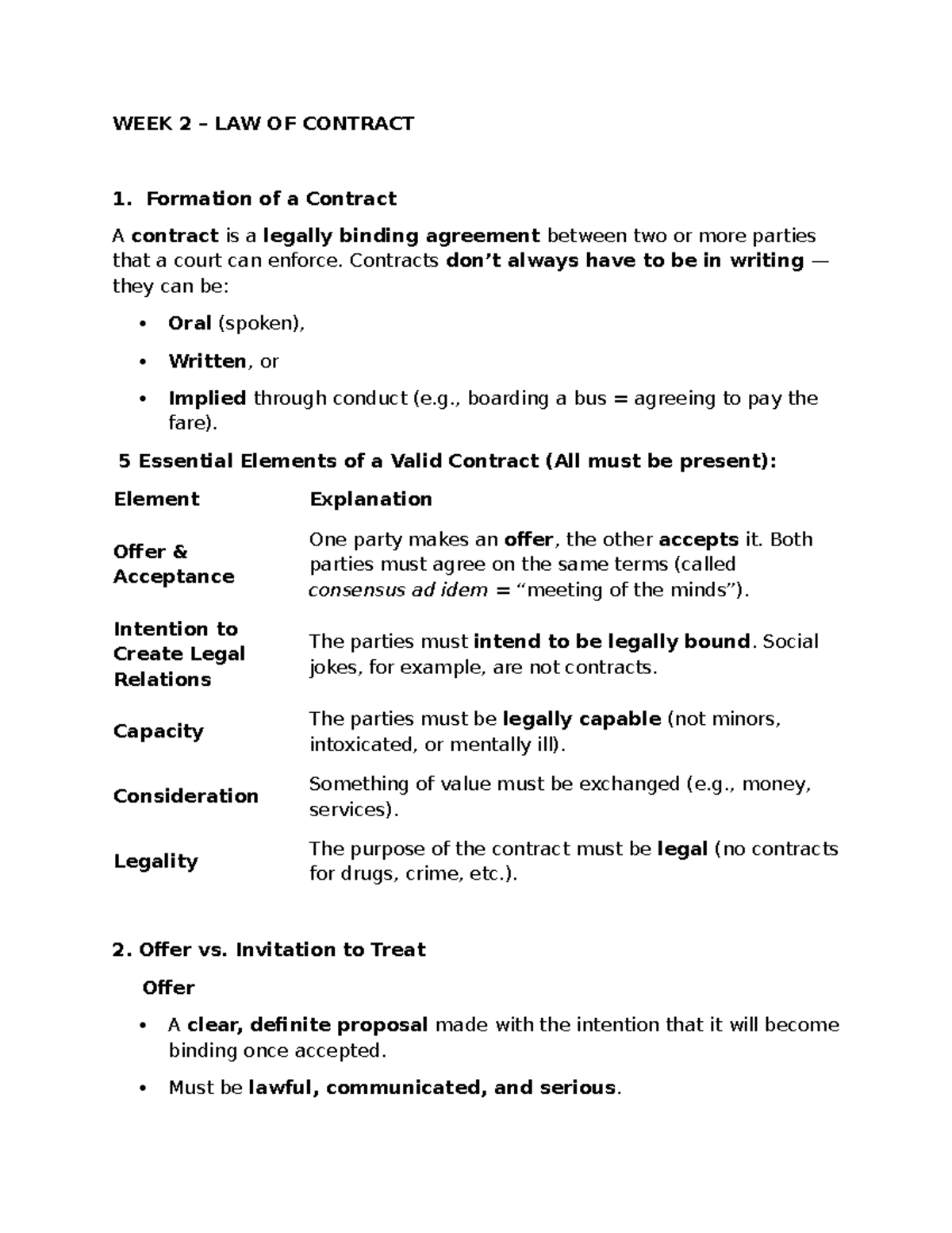 LAW 1: WEEK 2 - Revision on Contract Formation and Terms - Studocu