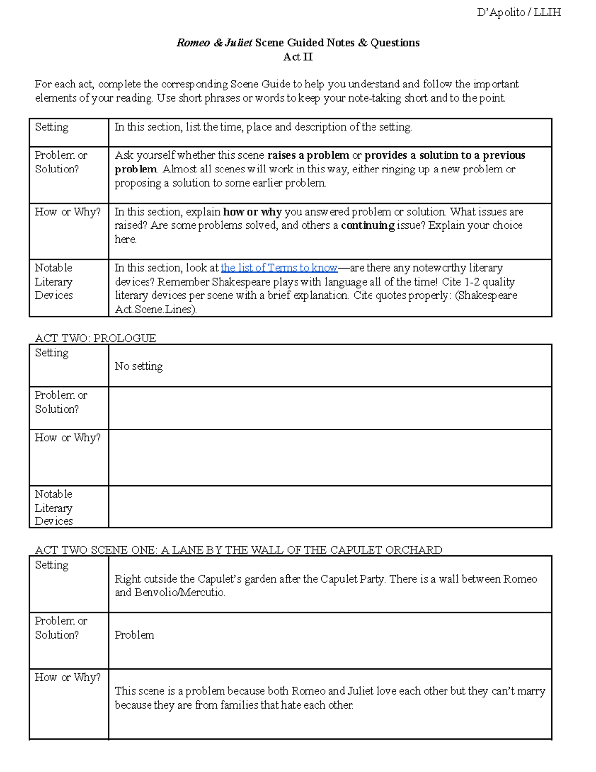 Romeo & Juliet Scene Analysis & Guided Notes (Act II) - Studocu