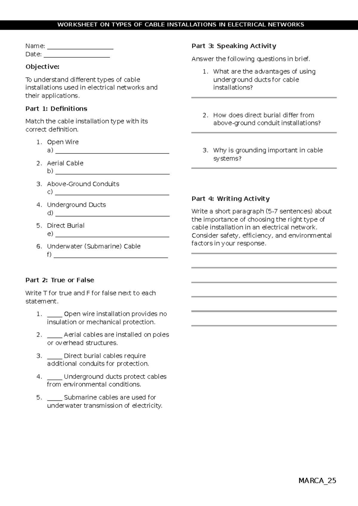 Worksheet S-07: Types of Cable Installations in Electrical Networks ...