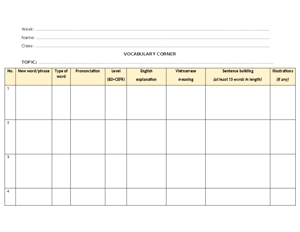 Template Vocabulary Sheet (Individuals) - Week: - Studocu